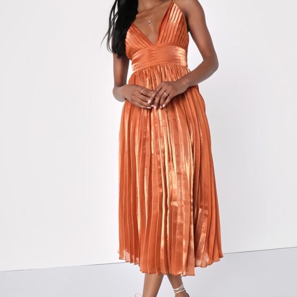 Lulus Romantic Aesthetic Shiny Rust Orange Pleated Midi Dress - Size XS